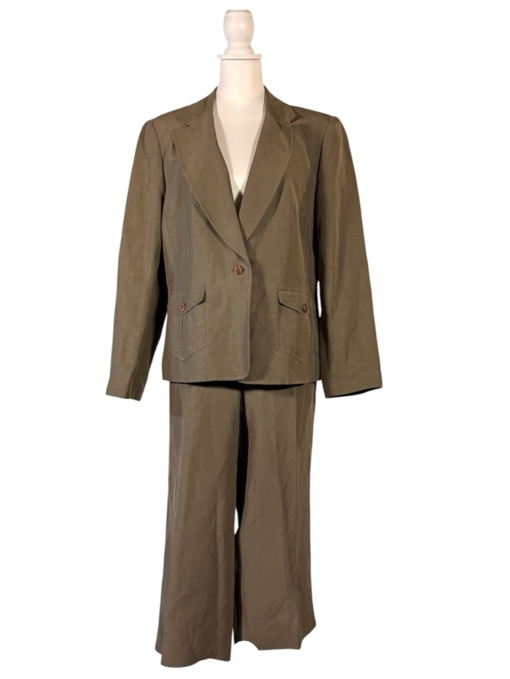 Talbots Linen Silk Suit Women’s 16 Petite Olive Blazer Straight Leg Chic Preppy